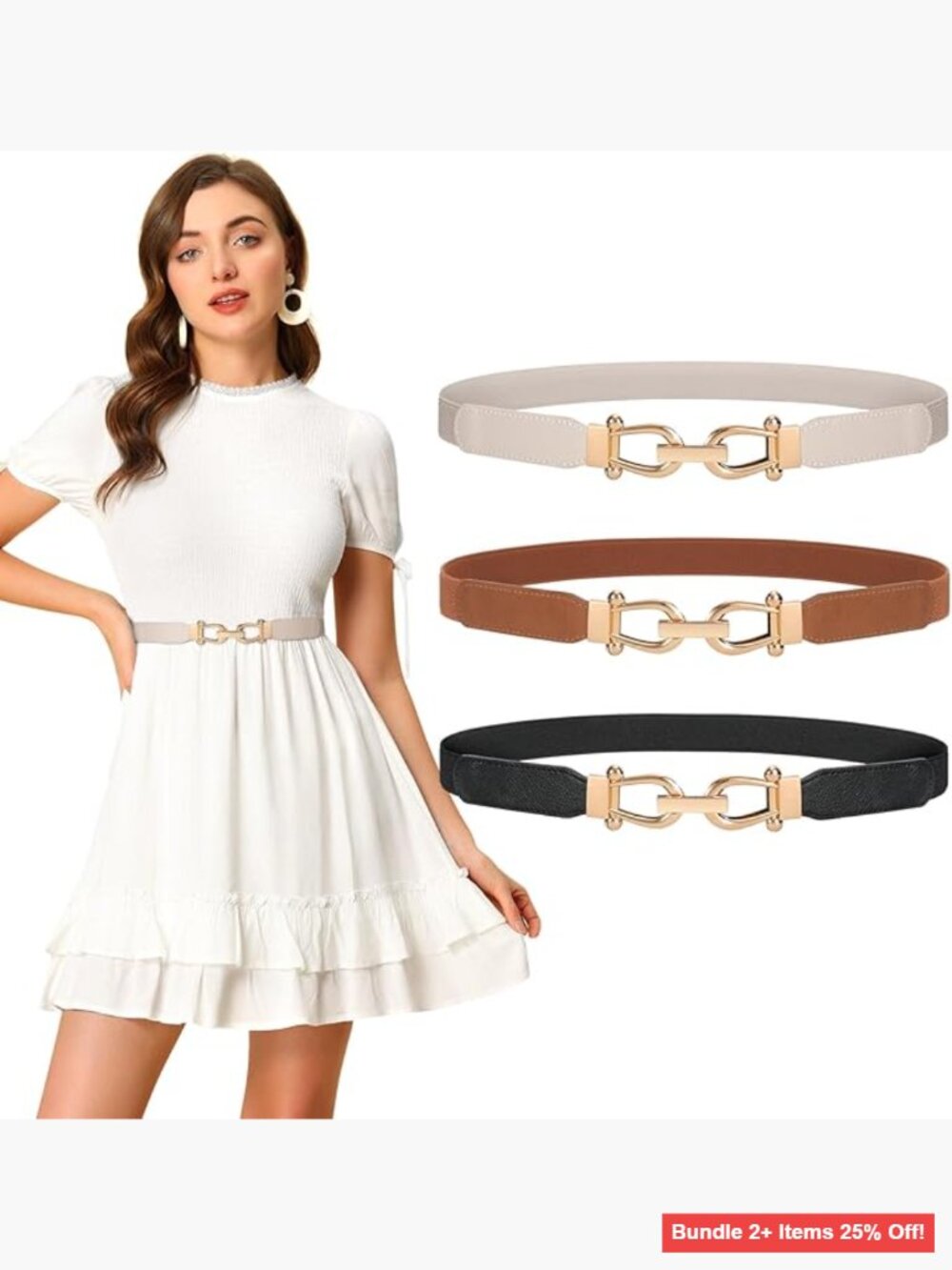 Skinny Elastic Stretch Belt with Gold Buckle for Dresses and Skirts